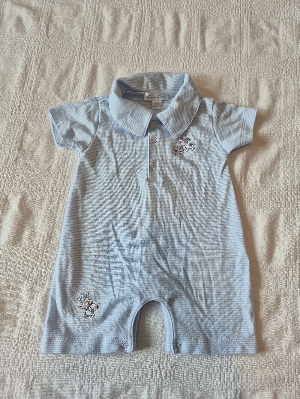 Kissy Kissy boys size 0-3 months blue & white romper puppy embroidery EUC